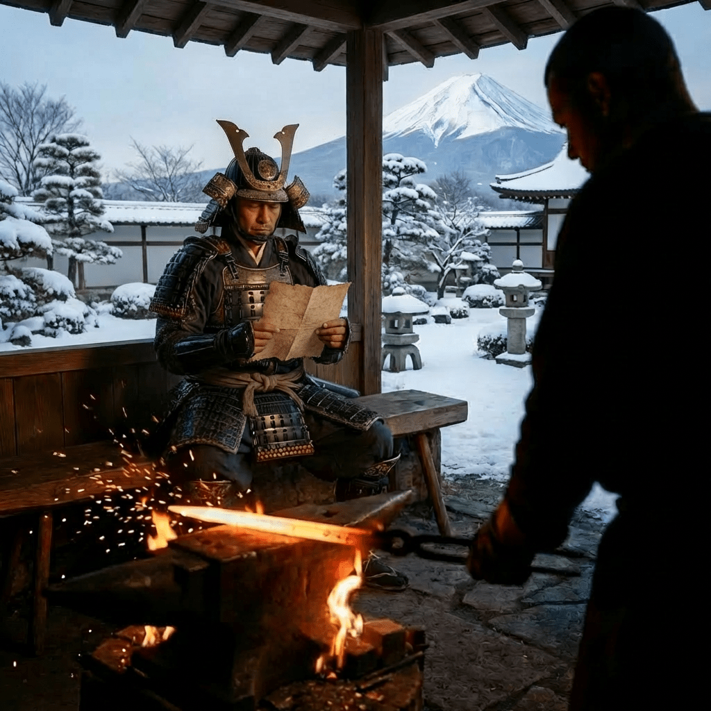 A hooded man sits calmly while a blacksmith forges a glowing sword on an anvil.
