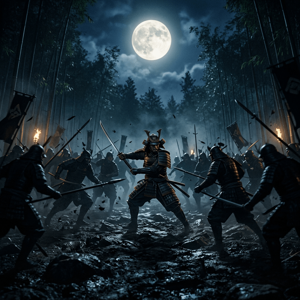 Samurai in armor standing ready with katana against multiple opponents under full moon
